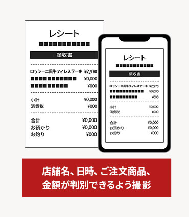 店舗名、日時、ご注文商品、金額が判別できるよう撮影