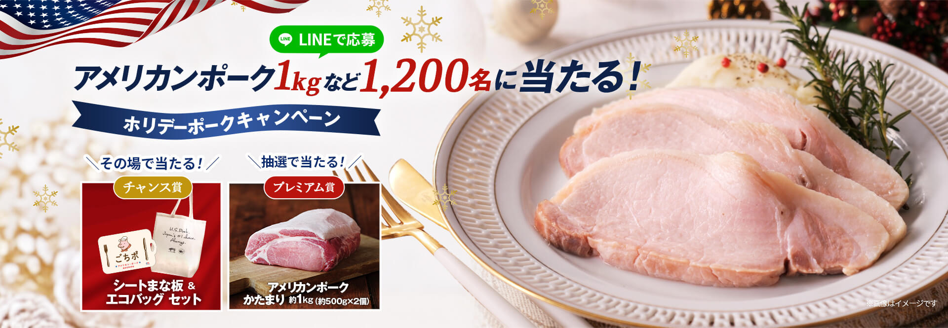 LINEで応募！アメリカンポーク1kgなど1,200名に当たる！ホリデーポークキャンペーン